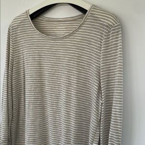 Chicos The Ultimate Tee Womens 3 XL Beige Silver Cotton Blend Striped 3/4 Sleeve